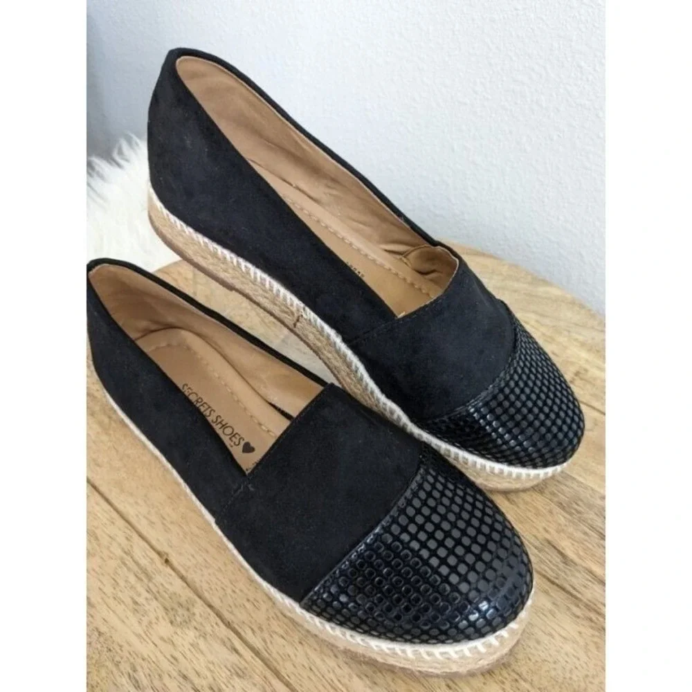 Womens Black Faux Suede Snake 8 Embossed‎ Cap Toe Espadrille Flats Shoes  NEW